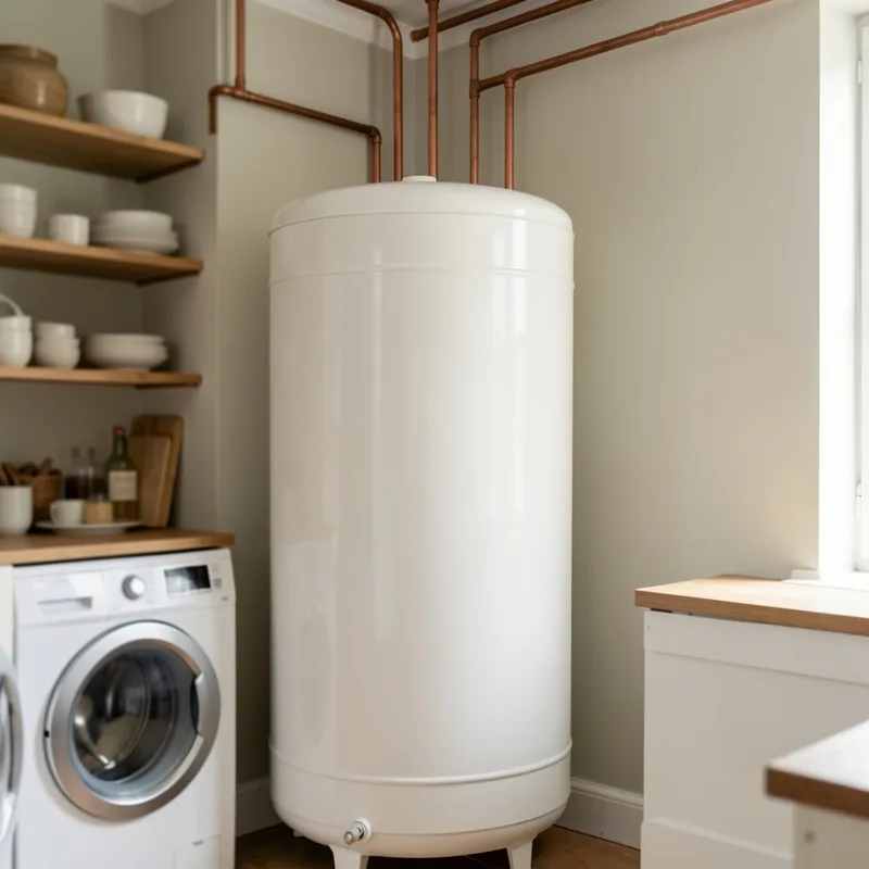 Ballon d&rsquo;eau chaude électrique blanc de grande capacité installé dans un cellier de maison, tuyauterie cuivre apparente