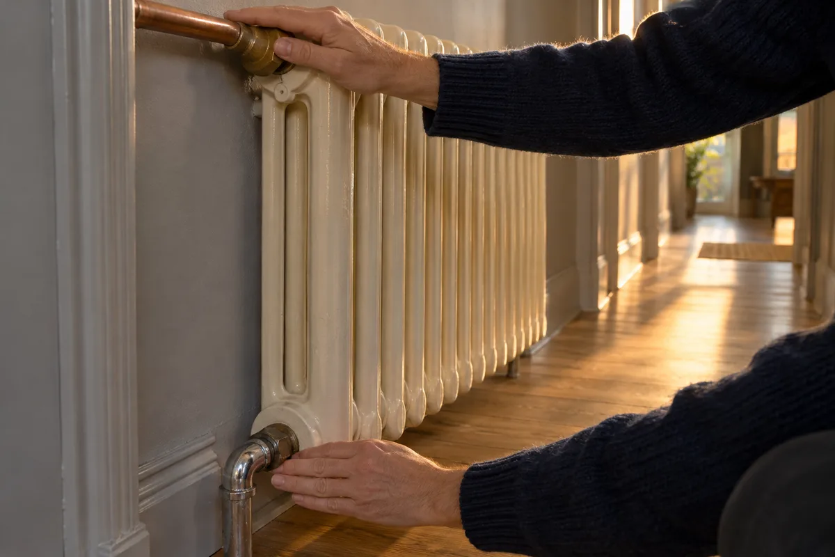 Deux mains comparant la chaleur du tube d&rsquo;arrivée et du tube de sortie d&rsquo;un radiateur en fonte