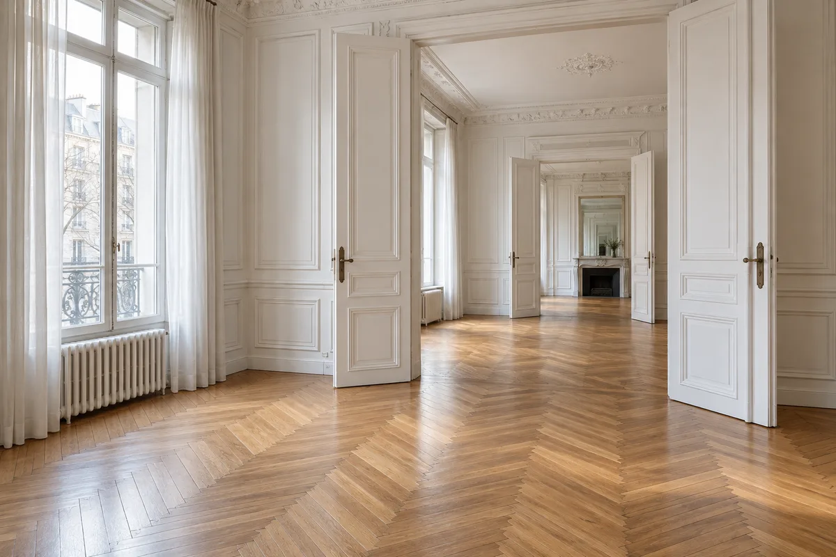 Enfilade de pièces vides d&rsquo;un appartement ancien, un radiateur en fonte sous chaque fenêtre