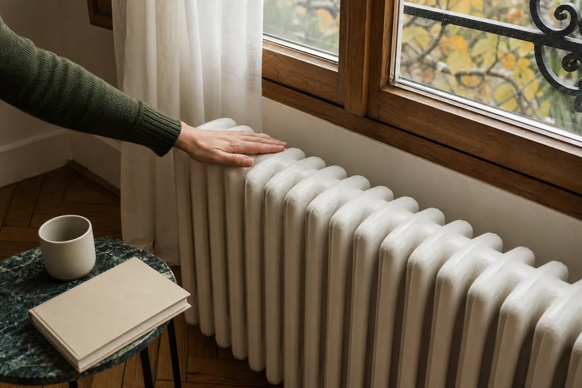 Main posée sur le haut d&rsquo;un radiateur en fonte sous une fenêtre de séjour, lumière d&rsquo;automne