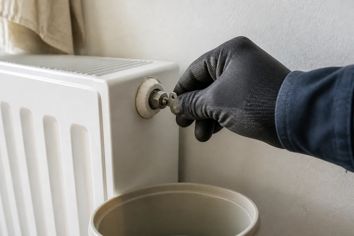 Main gantée manœuvrant la clé de purge sur le haut d&rsquo;un radiateur, récipient posé dessous