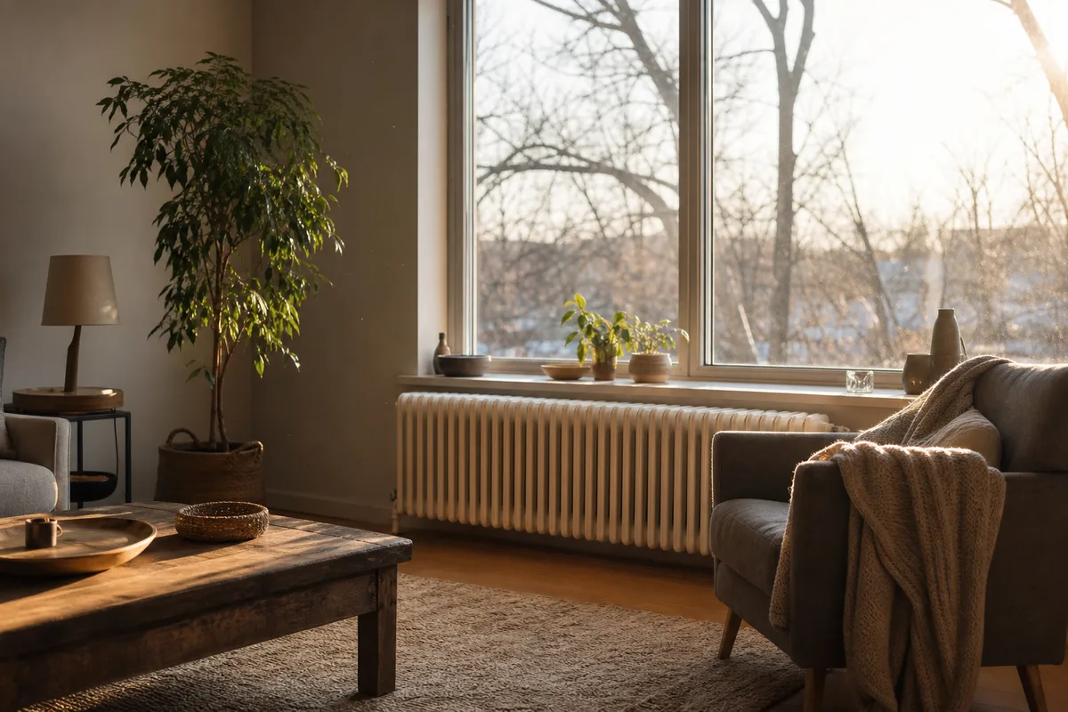 Séjour d&rsquo;hiver avec un radiateur blanc sous une grande fenêtre