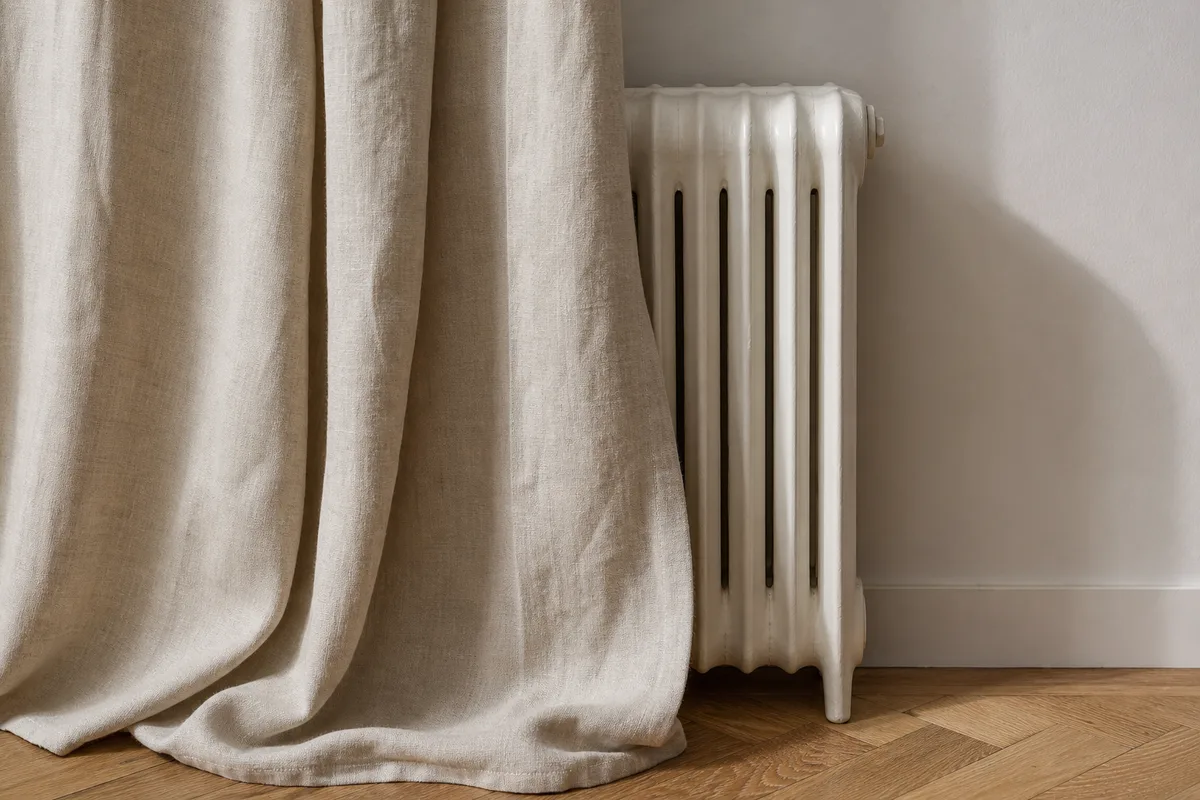 Mains réglant la molette d&rsquo;un radiateur en fonte dans un couloir