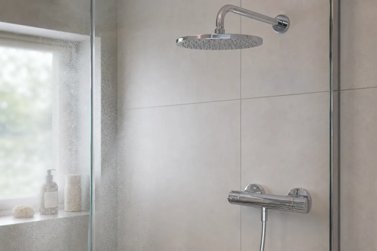 Douche moderne avec mitigeur thermostatique mural et pommeau chromé, légère buée sur le carrelage clair