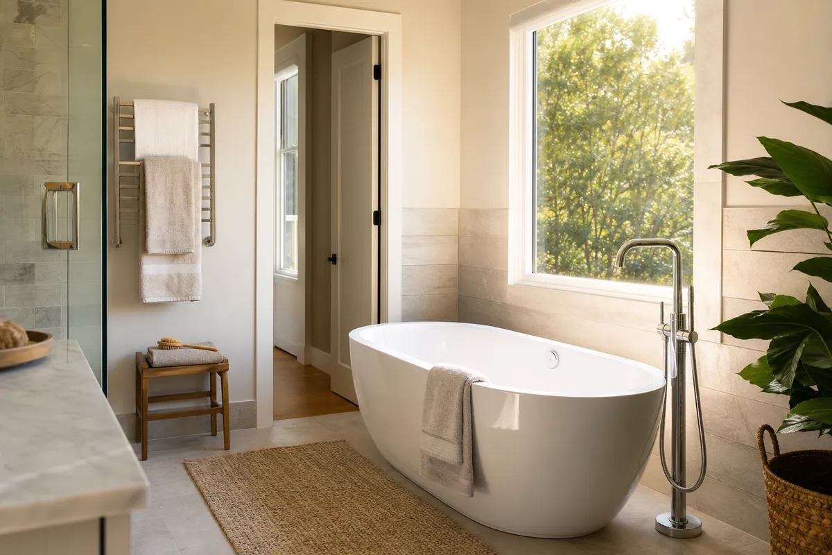 Salle de bain familiale claire avec baignoire et robinetterie chromée, ambiance sûre et chaleureuse